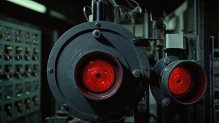 Twin Crimson Eyes: Glowing Red Warning Lights on Vintage Machinery