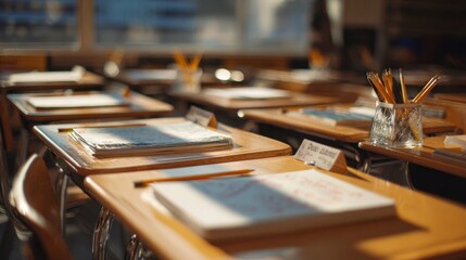 The serene classroom with organized desks and sunlight illuminating the space.