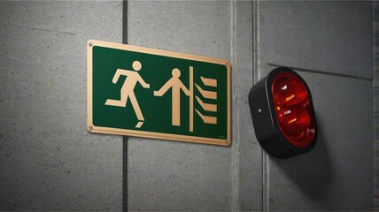 Unconventional Escape: Stylized Exit Sign and Red Alarm Light on a Stark Concrete Wall.