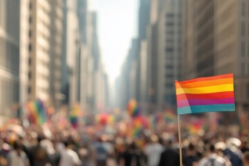 Obraz premium Pride Parade: A vibrant display of support and solidarity with a focus on inclusivity, showcasing a colorful rainbow flag in the forefront of a jubilant crowd.