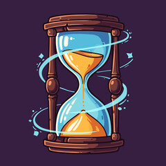 Colorful hourglass illustration with swirling sand and magical elements on a purple background