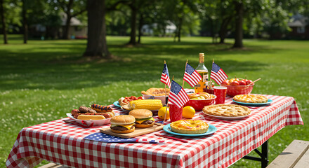 4th of July picnic table with burgers, hot dogs, corn, apple pie, American flags, festive outdoor celebration, patriotic holiday meal, summer gathering, realistic style, traditional Independence Day 