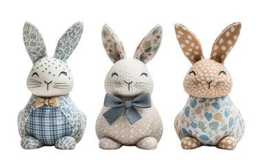 Decorative bunny figurines in assorted springtime patterns for Easter holiday decoration isolated on transparent background PNG