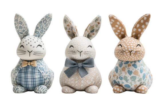 Decorative bunny figurines in assorted springtime patterns for Easter holiday decoration isolated on transparent background PNG - Powered by Adobe