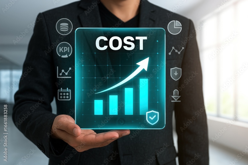 Poster a person holds a holographic display showing a rising cost graph, surrounded by various business met