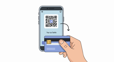Mobile Payment with QR Code and Credit Card on Smartphone Screen.