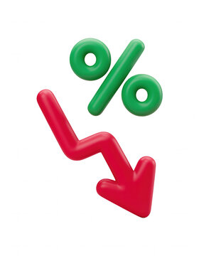 Falling interest rates shown with a downward arrow and percentage sign representing debt and financial losses decrease