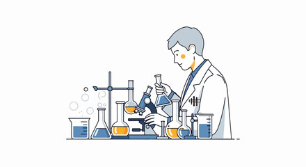 Scientist Conducting Experiment with Microscope and Flasks.