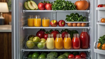 Vibrant Abundance: A Perfectly Organized Refrigerator Brimming with Fresh Fruits, Vegetables, and Colorful Juices.