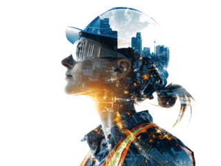  Double exposure of a woman engineer and a city, isolated on a white background
