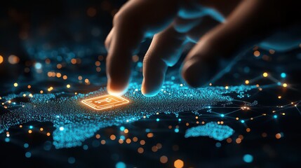 Hand touching glowing icon on a digital surface network