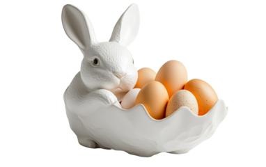 Decorative egg holder designed in the shape of a charming bunny carrying festive Easter eggs isolated on transparent background PNG