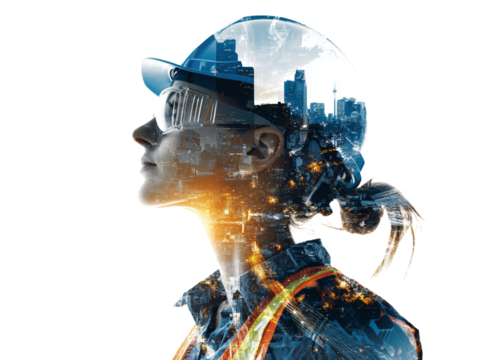  Double exposure of a woman engineer and a city, isolated on a white background