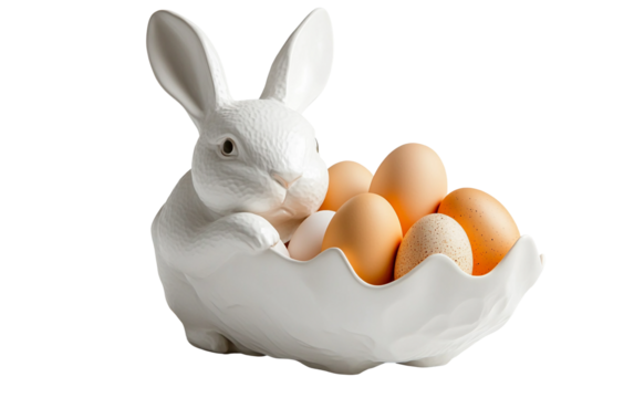 Decorative egg holder designed in the shape of a charming bunny carrying festive Easter eggs isolated on transparent background PNG