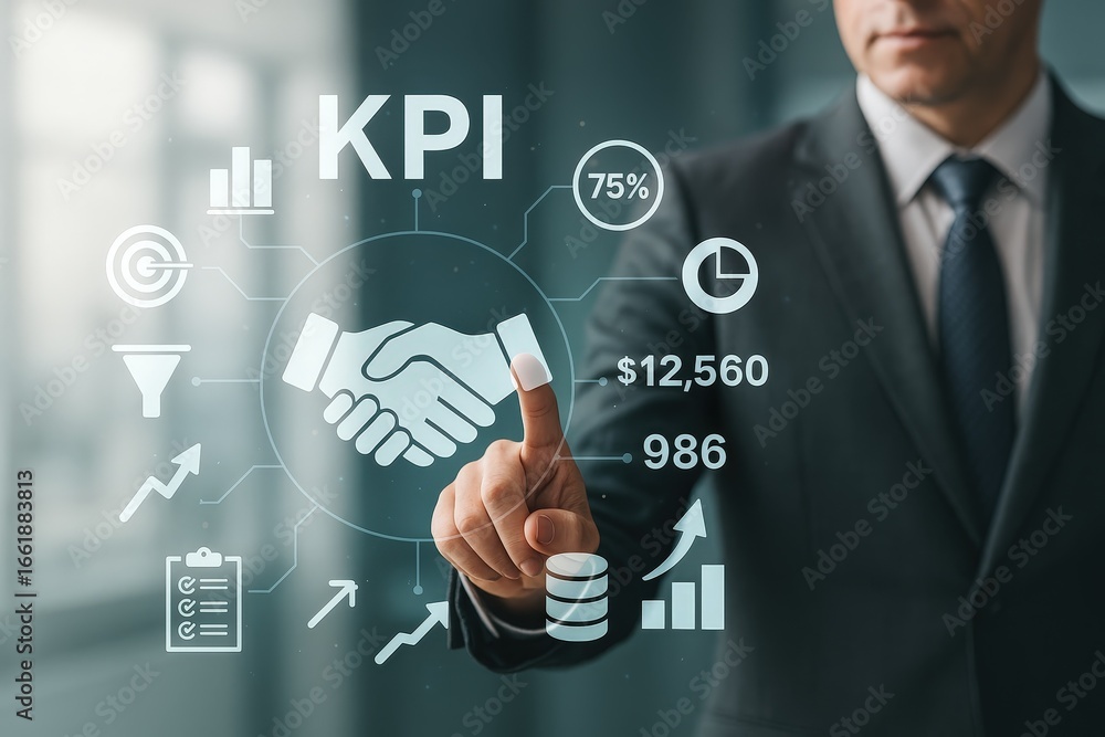 Poster a business professional interacts with a holographic display of key performance indicators, highligh