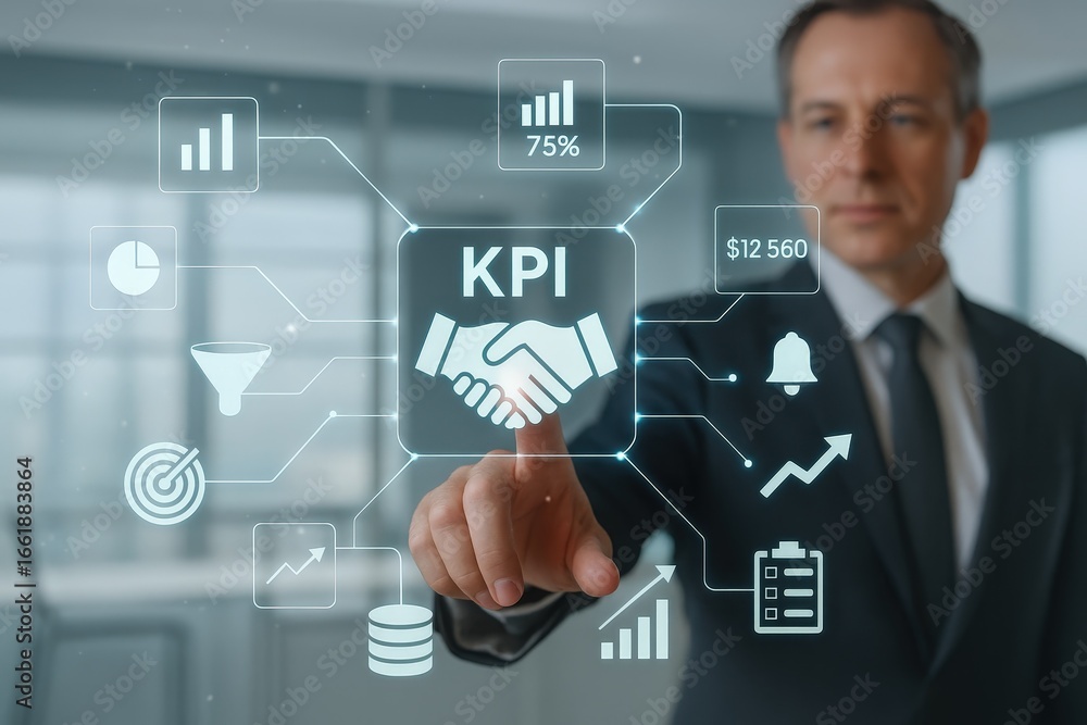 Poster a businessman interacts with a holographic display of key performance indicators, highlighting a foc