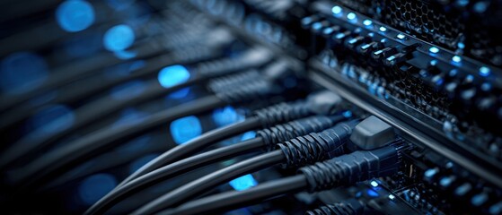 The intricate network of cables in a high-tech server room illuminated by LED lights.