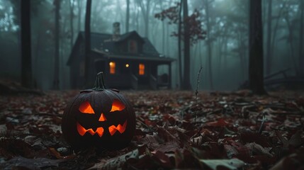 Illuminated jack o  lantern in a misty forest with a cozy cabin in the background