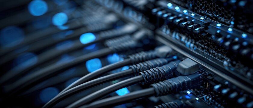 The intricate network of cables in a high-tech server room illuminated by LED lights.