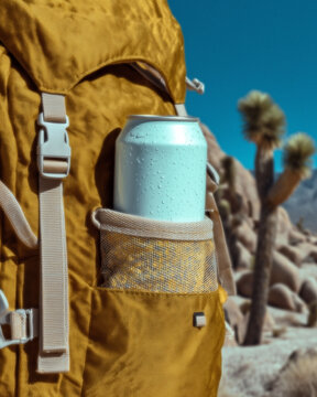 A blue soda can lying in a hiking bag in the middle of a desert landscape with cacti. Refreshing chilled drinks.
