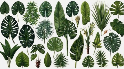 Vibrant Botanical Collection of Diverse Tropical Leaves Isolated on a White Background