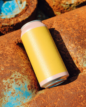A yellow aluminum soda can lying on a rusty metal pipe. Refreshing drinks.
