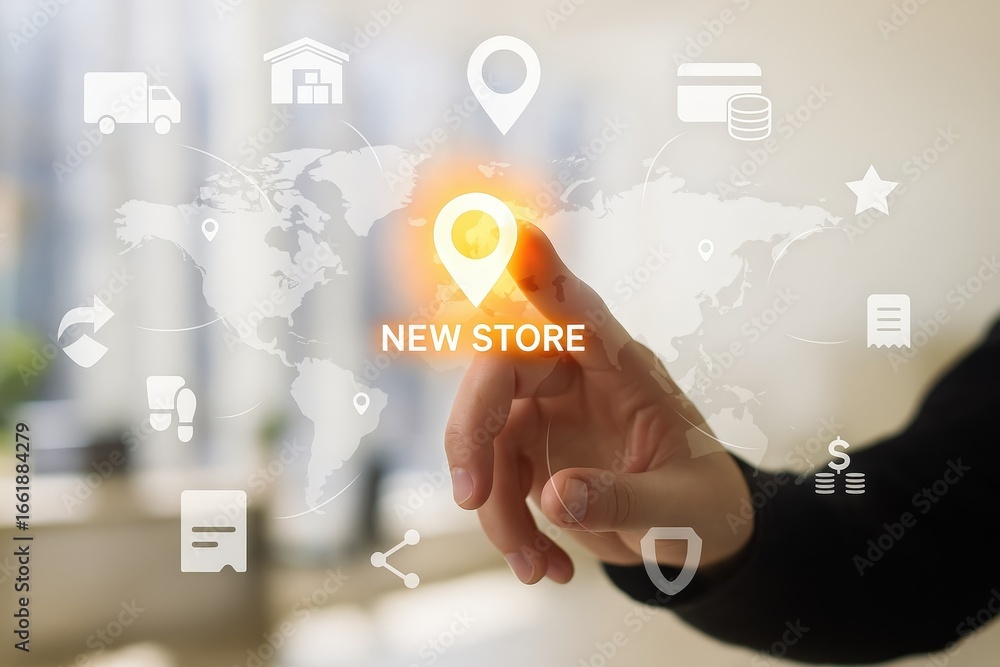 Poster a hand interacts with a digital overlay, highlighting a new store location on a global map with vari