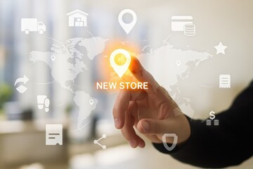 A hand interacts with a digital overlay, highlighting a new store location on a global map with various commerce icons.