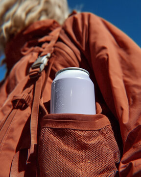 A soda can lying in the front pocket of a hiking jacket worn by a girl. Refreshing chilled energizing drinks.

