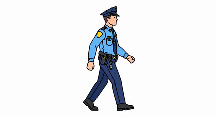 Cartoon Policeman Walking in Uniform with Hat and Badge.