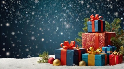 Vibrant Christmas Presents in a Snowy Landscape During a Magical, Glistening Nightfall