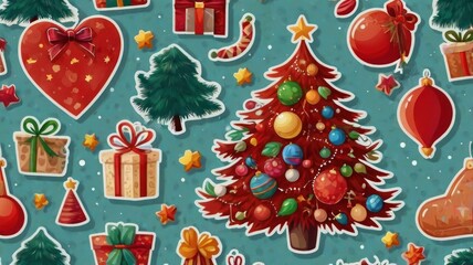 Vibrant Christmas Sticker Medley: Festive Trees, Gifts, and Ornaments on a Teal Background.