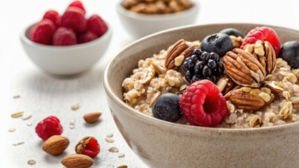 Vibrant Close-Up of a Healthy Oatmeal Bowl with Fresh Berries and Nuts on a Clean White Table