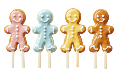 Classic Christmas gingerbread cookies shaped like cheerful men with vibrant sugar decorations isolated on transparent background PNG