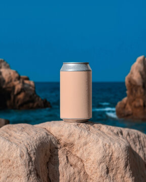 A soda can standing on a rock by the shore against the sea waves. Refreshing chilled summer drinks.