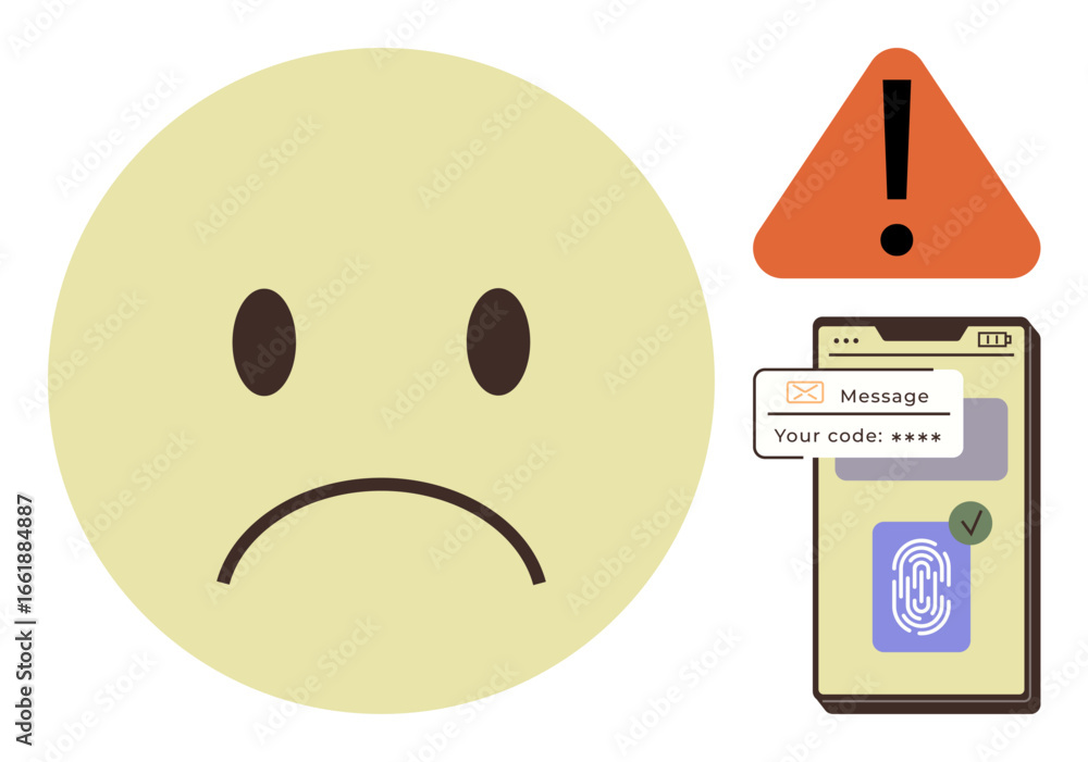 Poster frowning face next to warning sign, smartphone screen displaying fingerprint authentication and mess