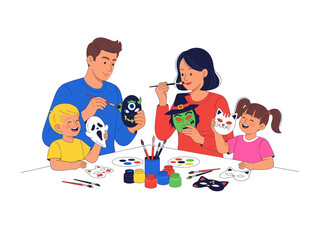 Family Mask Painting: A family creates festive Halloween masks, each member immersed in creativity and laughter, showcasing the joyful spirit of the holiday.