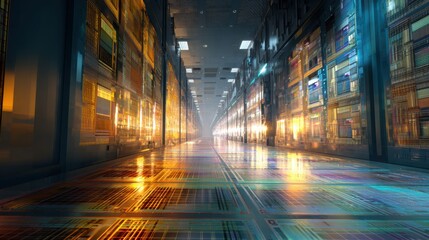 glowing data center corridor path