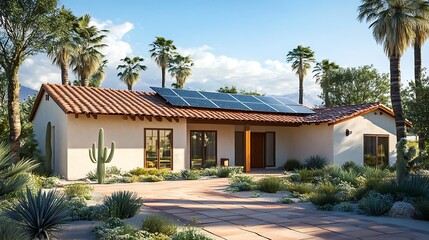 A southwestern style house with solar panels on the roof and desert landscaping in the front yard