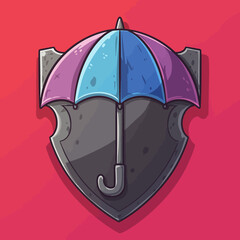 Colorful umbrella design on a shield-shaped background with a vibrant pink hue