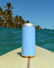 A soda can standing on a surfboard in the sea near a sandy beach with palm trees. Refreshing chilled drinks.
