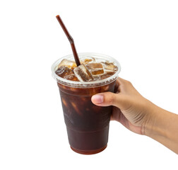 A male hand holding an iced americano coffee in a plastic cup isolated on a transparent background png