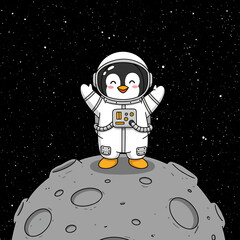Naklejka premium Cute cartoon penguin astronaut joyfully standing on a moon's surface, surrounded by stars and space