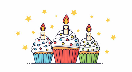 Three festive cupcakes with lit candles and colorful sprinkles. © Basecamp