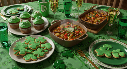 St. Patrick’s Day table with green cupcakes, shamrock cookies, Irish stew, festive drinks, realistic playful celebration, cozy holiday meal, traditional Irish feast, festive decorations, joyful and co
