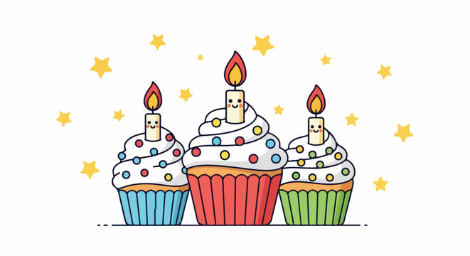 Three festive cupcakes with lit candles and colorful sprinkles.