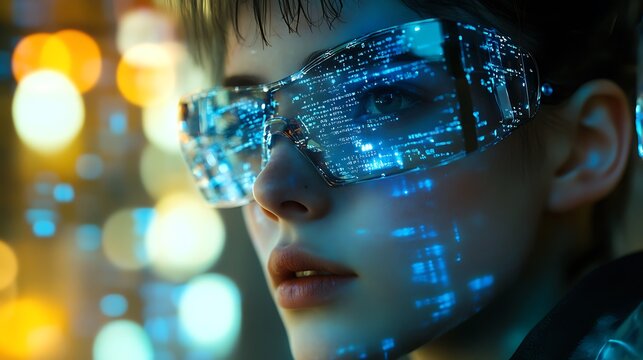 Cyborg scientist analyzing data on screen