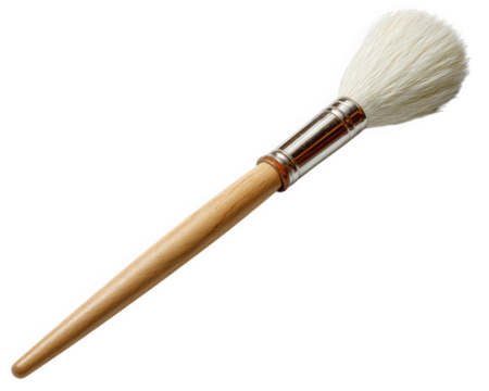 Wooden handle makeup brush with soft white bristle, isolated on transparent background, perfect for beauty, cosmetic, and grooming concepts, clean and professional appearance
