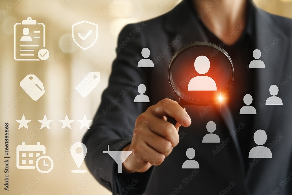 Poster a person using a magnifying glass to focus on a profile icon, highlighting the concept of targeted c