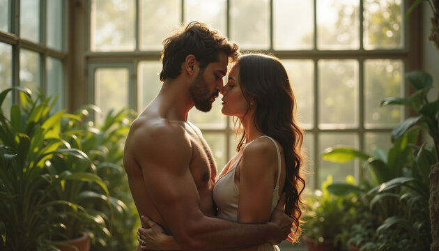 Young couple embracing and kissing surrounded by lush greenery  